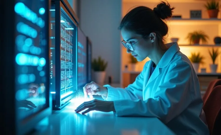 Ein heller, freundlicher Laborraum mit modernem photonischen Quantencomputersystem aus siliziumbasierten Mikrochips und optischen Fasern, in dem Forscherin im weißen Kittel konzentriert an einem leuchtenden, detailreichen Experiment mit sanft strahlenden Lichtquanten arbeitet, umgeben von natürlichem Tageslicht und edlem, warmem Holzmöbel-Ambiente.