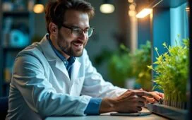 In einem modern gestalteten Labor mit warmem Tageslicht beleuchtet, verbindet ein lächelnder Wissenschaftler fokussiert hochentwickelte Quantencomputer-Hardware und lebendige grüne Pflanzen, symbolisch für die Hoffnung und den Fortschritt durch Quantenforschung in Medizin, Klimaschutz und IT.