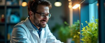 In einem modern gestalteten Labor mit warmem Tageslicht beleuchtet, verbindet ein lächelnder Wissenschaftler fokussiert hochentwickelte Quantencomputer-Hardware und lebendige grüne Pflanzen, symbolisch für die Hoffnung und den Fortschritt durch Quantenforschung in Medizin, Klimaschutz und IT.