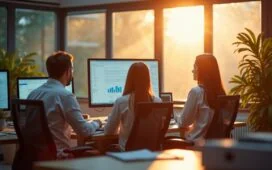 Ein sonnendurchflutetes Büro mit fokussierten Forschern, die an modernen Bildschirmen mit Datenanalysen arbeiten, während warme Tageslichtstrahlen durch große Fenster fallen und eine Atmosphäre von Klarheit, Erkenntnis und digitaler Verantwortung schaffen.