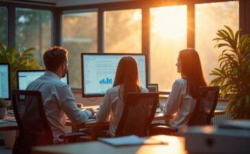 Ein sonnendurchflutetes Büro mit fokussierten Forschern, die an modernen Bildschirmen mit Datenanalysen arbeiten, während warme Tageslichtstrahlen durch große Fenster fallen und eine Atmosphäre von Klarheit, Erkenntnis und digitaler Verantwortung schaffen.