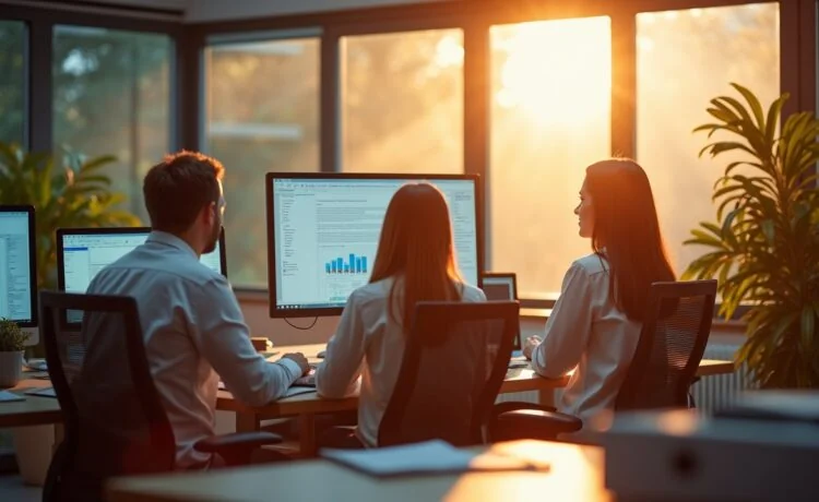 Ein sonnendurchflutetes Büro mit fokussierten Forschern, die an modernen Bildschirmen mit Datenanalysen arbeiten, während warme Tageslichtstrahlen durch große Fenster fallen und eine Atmosphäre von Klarheit, Erkenntnis und digitaler Verantwortung schaffen.