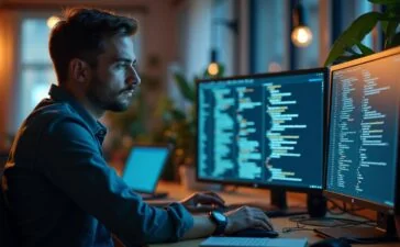 Ein hell erleuchteter, moderner Programmierer an einem großen, aufgeräumten Arbeitsplatz, vertieft in den Code auf seinem Bildschirm, umgeben von warmem Tageslicht und dezenten Technologie-Elementen, die die komplexe Geschichte und Verantwortung von Softwareentwicklung lebendig und menschlich vermitteln.