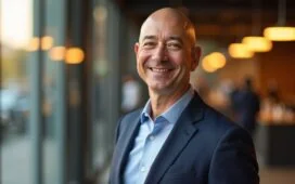 Ein strahlend heller, natürlicher Porträtmoment eines selbstbewussten Jeff Bezos in modernem Business-Outfit vor einem lichtdurchfluteten, eleganten Startup-Büro, dessen warme Farbtöne und realistische Details seine Rückkehr an die Spitze der Technologiewelt mit Optimismus und Tatkraft visualisieren.