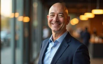 Ein strahlend heller, natürlicher Porträtmoment eines selbstbewussten Jeff Bezos in modernem Business-Outfit vor einem lichtdurchfluteten, eleganten Startup-Büro, dessen warme Farbtöne und realistische Details seine Rückkehr an die Spitze der Technologiewelt mit Optimismus und Tatkraft visualisieren.