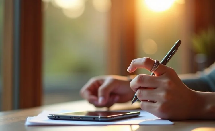 Eine freundliche, helle Aufnahme in natürlichem Licht zeigt eine junge Person bei der Arbeit am Schreibtisch, die mit einem dezenten, eleganten Smart-Ring am Zeigefinger konzentriert Sprachnotizen an ihr Smartphone überträgt, während im Hintergrund warme Holztöne und sanfte Sonnenstrahlen eine einladende, produktive Atmosphäre schaffen.