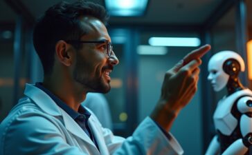 Eine helle, warme Szene in einem modernen Labor, in der ein lächelnder Forscher mit natürlichem Tageslicht auf sein fein gearbeitets, futuristisches Gehirn-Interface blickt, während im Hintergrund ein humanoider Roboter sanft aktiviert wird – strahlend, realistisch und voller Hoffnung auf die Verbindung von Mensch und Maschine.