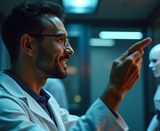 Eine helle, warme Szene in einem modernen Labor, in der ein lächelnder Forscher mit natürlichem Tageslicht auf sein fein gearbeitets, futuristisches Gehirn-Interface blickt, während im Hintergrund ein humanoider Roboter sanft aktiviert wird – strahlend, realistisch und voller Hoffnung auf die Verbindung von Mensch und Maschine.