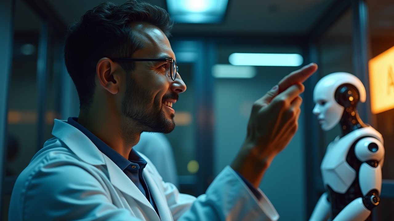 Eine helle, warme Szene in einem modernen Labor, in der ein lächelnder Forscher mit natürlichem Tageslicht auf sein fein gearbeitets, futuristisches Gehirn-Interface blickt, während im Hintergrund ein humanoider Roboter sanft aktiviert wird – strahlend, realistisch und voller Hoffnung auf die Verbindung von Mensch und Maschine.