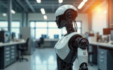 In einem sonnendurchfluteten Hightech-Labor steht ein eleganter, multifunktionaler Roboter mit silbrig-matten Oberflächen und fein beweglichen Gliedern bereit, dynamisch vor einem Hintergrund aus modernem Forschungsequipment, während warmes Tageslicht sanft die komplexen Details seiner Sensoren und Mechaniken betont und so die Vision von flexibler Multimobilität in der Robotik mit einer einladenden, zukunftsoptimistischen Atmosphäre lebendig werden lässt.