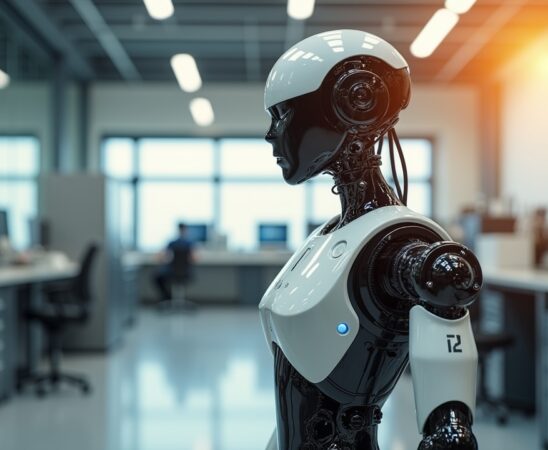 In einem sonnendurchfluteten Hightech-Labor steht ein eleganter, multifunktionaler Roboter mit silbrig-matten Oberflächen und fein beweglichen Gliedern bereit, dynamisch vor einem Hintergrund aus modernem Forschungsequipment, während warmes Tageslicht sanft die komplexen Details seiner Sensoren und Mechaniken betont und so die Vision von flexibler Multimobilität in der Robotik mit einer einladenden, zukunftsoptimistischen Atmosphäre lebendig werden lässt.