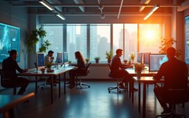 Ein hell erleuchtetes, modernes Büro mit einem Team aus vielfältigen Menschen, die konzentriert an großen Bildschirmen mit klaren, intuitiven UI-Designs arbeiten, während natürliches Tageslicht eine warme, einladende Atmosphäre schafft, die Innovation, Menschlichkeit und Zukunftsorientierung im digitalen Design widerspiegelt.