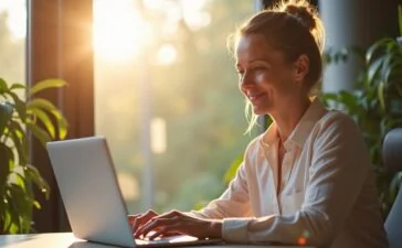 Lichtdurchflutetes, modernes Büroambiente mit einer entspannten Fachperson mittleren Alters, die bei natürlichem Tageslicht konzentriert an einem Laptop arbeitet, während im Hintergrund dezente Akzente digitaler Vernetzung und Datenschutz stattfinden – eine optimistische, nahbare Szene voller Wärme und Zukunftszuversicht.