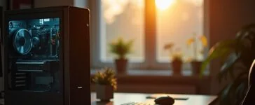 Ein warm beleuchteter Arbeitsplatz mit einem modernen, aufgeräumten PC-Tower, neben angedeuteten RAM-Riegeln auf dem Schreibtisch, eingefangen in natürlichem Tageslicht, das eine freundliche, einladende Stimmung für Technikbegeisterte und Kreative schafft.