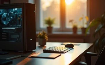 Ein warm beleuchteter Arbeitsplatz mit einem modernen, aufgeräumten PC-Tower, neben angedeuteten RAM-Riegeln auf dem Schreibtisch, eingefangen in natürlichem Tageslicht, das eine freundliche, einladende Stimmung für Technikbegeisterte und Kreative schafft.