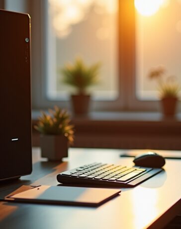 Ein warm beleuchteter Arbeitsplatz mit einem modernen, aufgeräumten PC-Tower, neben angedeuteten RAM-Riegeln auf dem Schreibtisch, eingefangen in natürlichem Tageslicht, das eine freundliche, einladende Stimmung für Technikbegeisterte und Kreative schafft.
