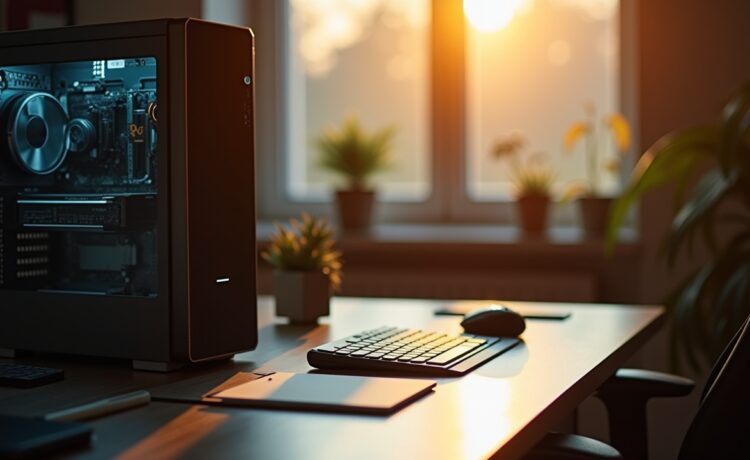 Ein warm beleuchteter Arbeitsplatz mit einem modernen, aufgeräumten PC-Tower, neben angedeuteten RAM-Riegeln auf dem Schreibtisch, eingefangen in natürlichem Tageslicht, das eine freundliche, einladende Stimmung für Technikbegeisterte und Kreative schafft.