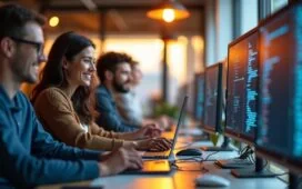 Ein hell erleuchteter, moderner Arbeitsplatz mit einem lächelnden Entwicklerteam, das konzentriert an Laptops arbeitet, umgeben von Bildschirmen mit Programmiercode und digitaler Infrastruktur, eingefangen in natürlichem Tageslicht und in warmen Farbtönen, die eine einladende und kollaborative Atmosphäre der innovativen Webentwicklung und Automatisierung vermitteln.