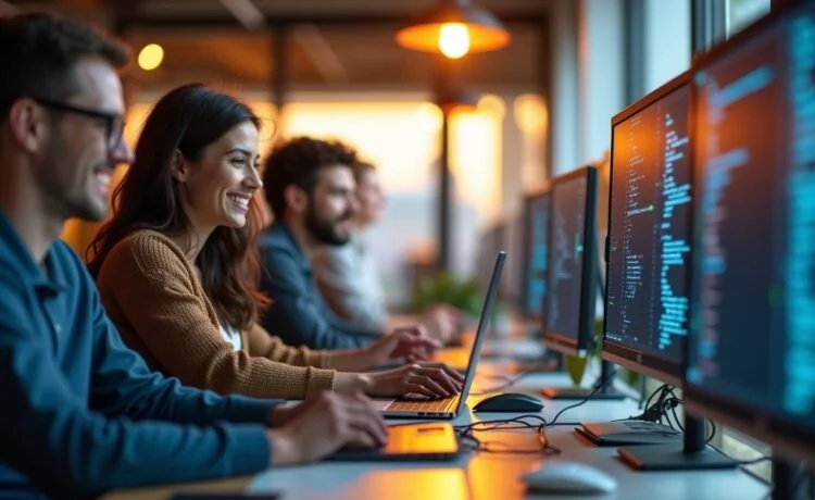 Ein hell erleuchteter, moderner Arbeitsplatz mit einem lächelnden Entwicklerteam, das konzentriert an Laptops arbeitet, umgeben von Bildschirmen mit Programmiercode und digitaler Infrastruktur, eingefangen in natürlichem Tageslicht und in warmen Farbtönen, die eine einladende und kollaborative Atmosphäre der innovativen Webentwicklung und Automatisierung vermitteln.