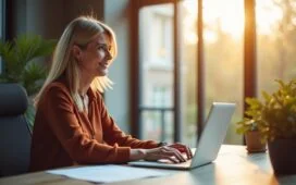 In einem hell erleuchteten, modernen Büroraum sitzt eine nachdenkliche Frau mittleren Alters an einem Schreibtisch mit Laptop und Papieren, während durch große Fenster sanftes Tageslicht fällt und eine warme, freundliche Atmosphäre schafft, die die komplexen gesellschaftlichen Herausforderungen und Hoffnungspotenziale im Zeitalter der Künstlichen Intelligenz spürbar macht.