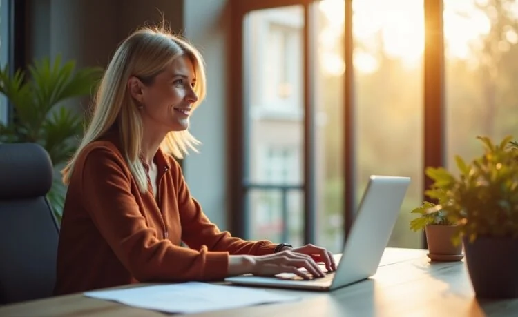 In einem hell erleuchteten, modernen Büroraum sitzt eine nachdenkliche Frau mittleren Alters an einem Schreibtisch mit Laptop und Papieren, während durch große Fenster sanftes Tageslicht fällt und eine warme, freundliche Atmosphäre schafft, die die komplexen gesellschaftlichen Herausforderungen und Hoffnungspotenziale im Zeitalter der Künstlichen Intelligenz spürbar macht.