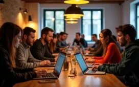 Ein warm ausgeleuchteter, moderner Coworking-Space mit einer vielfältigen Gruppe engagierter Entwicklerinnen und Entwickler, die konzentriert gemeinsam an Laptops arbeiten und lebhaft über Programmiercode diskutieren – lebendige Porträts, die die dynamische Balance zwischen technischer Innovation und menschlicher Vernetzung in der Ruby-Community einfangen.