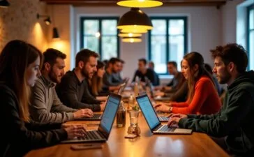 Ein warm ausgeleuchteter, moderner Coworking-Space mit einer vielfältigen Gruppe engagierter Entwicklerinnen und Entwickler, die konzentriert gemeinsam an Laptops arbeiten und lebhaft über Programmiercode diskutieren – lebendige Porträts, die die dynamische Balance zwischen technischer Innovation und menschlicher Vernetzung in der Ruby-Community einfangen.