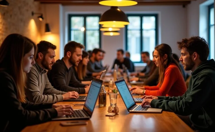 Ein warm ausgeleuchteter, moderner Coworking-Space mit einer vielfältigen Gruppe engagierter Entwicklerinnen und Entwickler, die konzentriert gemeinsam an Laptops arbeiten und lebhaft über Programmiercode diskutieren – lebendige Porträts, die die dynamische Balance zwischen technischer Innovation und menschlicher Vernetzung in der Ruby-Community einfangen.