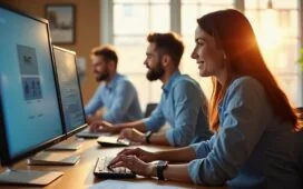 Ein strahlend helles Büro mit einem Team moderner IT-Experten, die konzentriert und freundlich unter natürlichem Tageslicht an Sicherheitseinstellungen auf mehreren Bildschirmen arbeiten, während warme Holztöne und helle Farben eine vertrauensvolle und kooperative Atmosphäre schaffen.