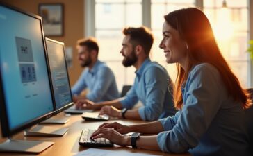 Ein strahlend helles Büro mit einem Team moderner IT-Experten, die konzentriert und freundlich unter natürlichem Tageslicht an Sicherheitseinstellungen auf mehreren Bildschirmen arbeiten, während warme Holztöne und helle Farben eine vertrauensvolle und kooperative Atmosphäre schaffen.