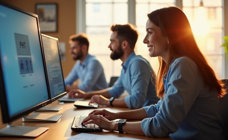 Ein strahlend helles Büro mit einem Team moderner IT-Experten, die konzentriert und freundlich unter natürlichem Tageslicht an Sicherheitseinstellungen auf mehreren Bildschirmen arbeiten, während warme Holztöne und helle Farben eine vertrauensvolle und kooperative Atmosphäre schaffen.