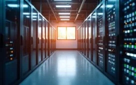 Ein hell ausgeleuchteter, moderner Serverraum mit glänzenden flüssigkeitsgekühlten KI-Racks, in dem Techniker in entspannter, konzentrierter Atmosphäre sorgfältig an hochkomplexer Technik arbeiten – warmes Tageslicht fällt durch große Fenster und unterstreicht die zukunftsweisende Innovationskraft hinter den Herausforderungen moderner Rechenzentrumsumstellung.