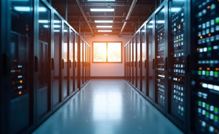 Ein hell ausgeleuchteter, moderner Serverraum mit glänzenden flüssigkeitsgekühlten KI-Racks, in dem Techniker in entspannter, konzentrierter Atmosphäre sorgfältig an hochkomplexer Technik arbeiten – warmes Tageslicht fällt durch große Fenster und unterstreicht die zukunftsweisende Innovationskraft hinter den Herausforderungen moderner Rechenzentrumsumstellung.