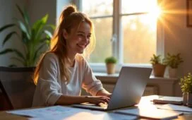In einem hellen, modern eingerichteten Büro lächelt eine junge, fokussierte Person vor einem Laptop, umgeben von Notizen und Diagrammen, während natürliche Sonnenstrahlen warm durch ein großes Fenster fallen und die inspirierende Atmosphäre eines kreativen, aber herausfordernden KI-No-Code-Projekts einfangen.