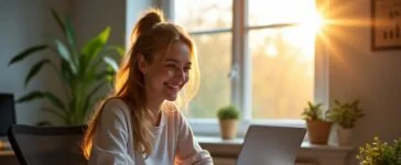 In einem hellen, modern eingerichteten Büro lächelt eine junge, fokussierte Person vor einem Laptop, umgeben von Notizen und Diagrammen, während natürliche Sonnenstrahlen warm durch ein großes Fenster fallen und die inspirierende Atmosphäre eines kreativen, aber herausfordernden KI-No-Code-Projekts einfangen.