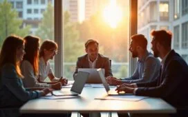 In einem hell erleuchteten, modernen Büro sitzt eine vielfältige Gruppe von Fachleuten konzentriert um einen Tisch voller Laptops und Finanzunterlagen, während sanftes Tageslicht durch große Fenster fällt und eine warme, optimistiche Stimmung der verantwortungsvollen Diskussion über die Chancen und Risiken der KI-Investitionen schafft.