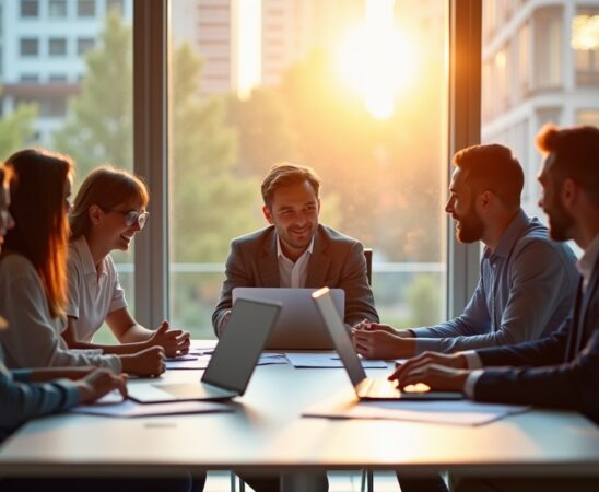 In einem hell erleuchteten, modernen Büro sitzt eine vielfältige Gruppe von Fachleuten konzentriert um einen Tisch voller Laptops und Finanzunterlagen, während sanftes Tageslicht durch große Fenster fällt und eine warme, optimistiche Stimmung der verantwortungsvollen Diskussion über die Chancen und Risiken der KI-Investitionen schafft.