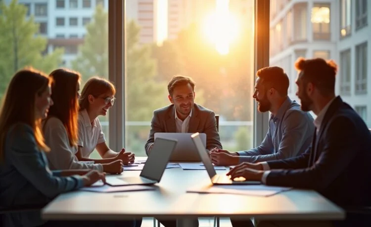 In einem hell erleuchteten, modernen Büro sitzt eine vielfältige Gruppe von Fachleuten konzentriert um einen Tisch voller Laptops und Finanzunterlagen, während sanftes Tageslicht durch große Fenster fällt und eine warme, optimistiche Stimmung der verantwortungsvollen Diskussion über die Chancen und Risiken der KI-Investitionen schafft.