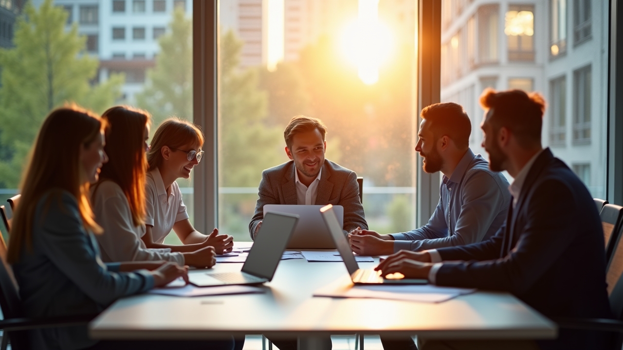 In einem hell erleuchteten, modernen Büro sitzt eine vielfältige Gruppe von Fachleuten konzentriert um einen Tisch voller Laptops und Finanzunterlagen, während sanftes Tageslicht durch große Fenster fällt und eine warme, optimistiche Stimmung der verantwortungsvollen Diskussion über die Chancen und Risiken der KI-Investitionen schafft.