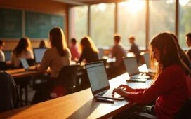 Junge Studierende in einem sonnendurchfluteten, modernen Hörsaal an der Stanford University arbeiten konzentriert an Laptops, umgeben von hellen, natürlichen Farben und einer einladend warmen Atmosphäre, die den Aufbruch in eine neue Ära der KI-basierten Programmierung lebendig widerspiegelt.