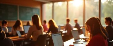 Junge Studierende in einem sonnendurchfluteten, modernen Hörsaal an der Stanford University arbeiten konzentriert an Laptops, umgeben von hellen, natürlichen Farben und einer einladend warmen Atmosphäre, die den Aufbruch in eine neue Ära der KI-basierten Programmierung lebendig widerspiegelt.