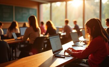Junge Studierende in einem sonnendurchfluteten, modernen Hörsaal an der Stanford University arbeiten konzentriert an Laptops, umgeben von hellen, natürlichen Farben und einer einladend warmen Atmosphäre, die den Aufbruch in eine neue Ära der KI-basierten Programmierung lebendig widerspiegelt.