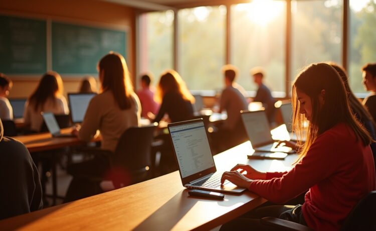 Junge Studierende in einem sonnendurchfluteten, modernen Hörsaal an der Stanford University arbeiten konzentriert an Laptops, umgeben von hellen, natürlichen Farben und einer einladend warmen Atmosphäre, die den Aufbruch in eine neue Ära der KI-basierten Programmierung lebendig widerspiegelt.