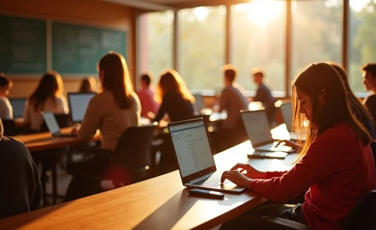 Junge Studierende in einem sonnendurchfluteten, modernen Hörsaal an der Stanford University arbeiten konzentriert an Laptops, umgeben von hellen, natürlichen Farben und einer einladend warmen Atmosphäre, die den Aufbruch in eine neue Ära der KI-basierten Programmierung lebendig widerspiegelt.