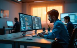 Ein klar beleuchteter, moderner Arbeitsplatz mit warmem Tageslicht, auf dem ein Team aus Fachleuten konzentriert an Laptops und Bildschirmen zusammenarbeitet, um digitale Sicherheit zu gewährleisten – eine lebendige Momentaufnahme von Schutz, Zusammenarbeit und verantwortungsvollem Handeln in einer vernetzten Welt.