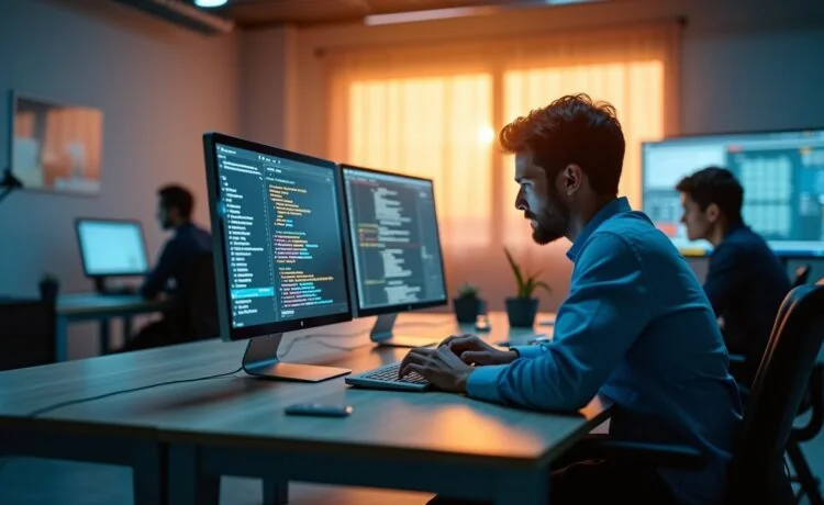 Ein klar beleuchteter, moderner Arbeitsplatz mit warmem Tageslicht, auf dem ein Team aus Fachleuten konzentriert an Laptops und Bildschirmen zusammenarbeitet, um digitale Sicherheit zu gewährleisten – eine lebendige Momentaufnahme von Schutz, Zusammenarbeit und verantwortungsvollem Handeln in einer vernetzten Welt.