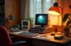Ein hell erleuchteter Schreibtisch mit einem detailgetreu nachgebauten Lego ZX Spectrum Set aus warmem Tageslicht, umgeben von vintage-technischen Accessoires und sanften Farbtönen, die nostalgische Erinnerungen und kreative Freude in einer modernen, einladenden Atmosphäre wecken.