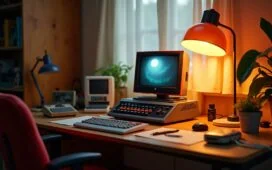 Ein hell erleuchteter Schreibtisch mit einem detailgetreu nachgebauten Lego ZX Spectrum Set aus warmem Tageslicht, umgeben von vintage-technischen Accessoires und sanften Farbtönen, die nostalgische Erinnerungen und kreative Freude in einer modernen, einladenden Atmosphäre wecken.