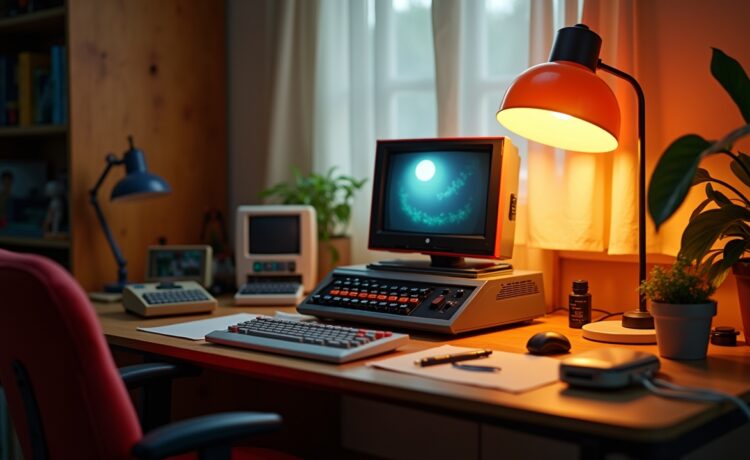 Ein hell erleuchteter Schreibtisch mit einem detailgetreu nachgebauten Lego ZX Spectrum Set aus warmem Tageslicht, umgeben von vintage-technischen Accessoires und sanften Farbtönen, die nostalgische Erinnerungen und kreative Freude in einer modernen, einladenden Atmosphäre wecken.