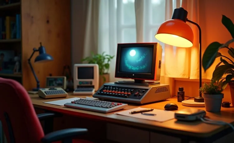 Ein hell erleuchteter Schreibtisch mit einem detailgetreu nachgebauten Lego ZX Spectrum Set aus warmem Tageslicht, umgeben von vintage-technischen Accessoires und sanften Farbtönen, die nostalgische Erinnerungen und kreative Freude in einer modernen, einladenden Atmosphäre wecken.